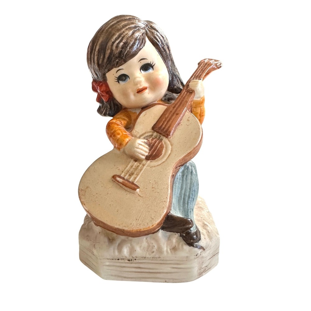 VTG 70s Moppets Fran Mar Ceramic Figurine Girl Playing Guitar Kitsch Retro Decor